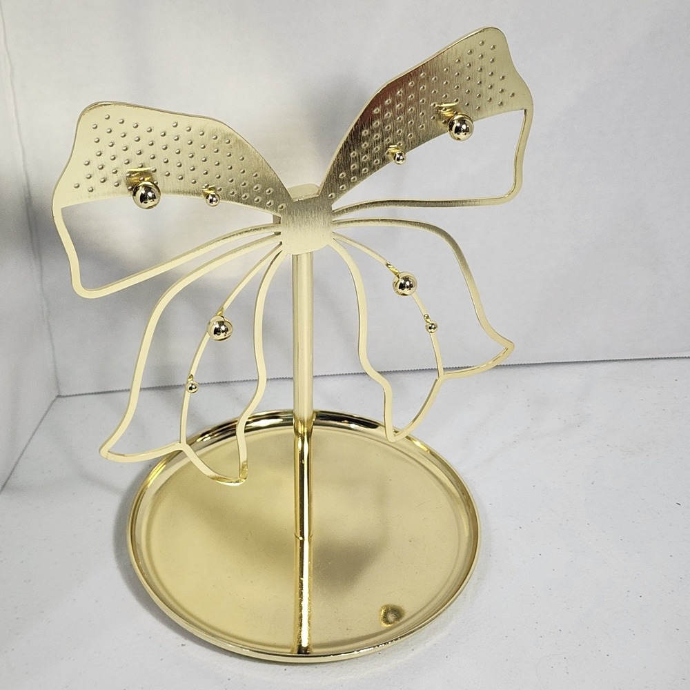 Gold Bow Jewelry Stand Earring Holder Organizer Metal Vanity Display Tray